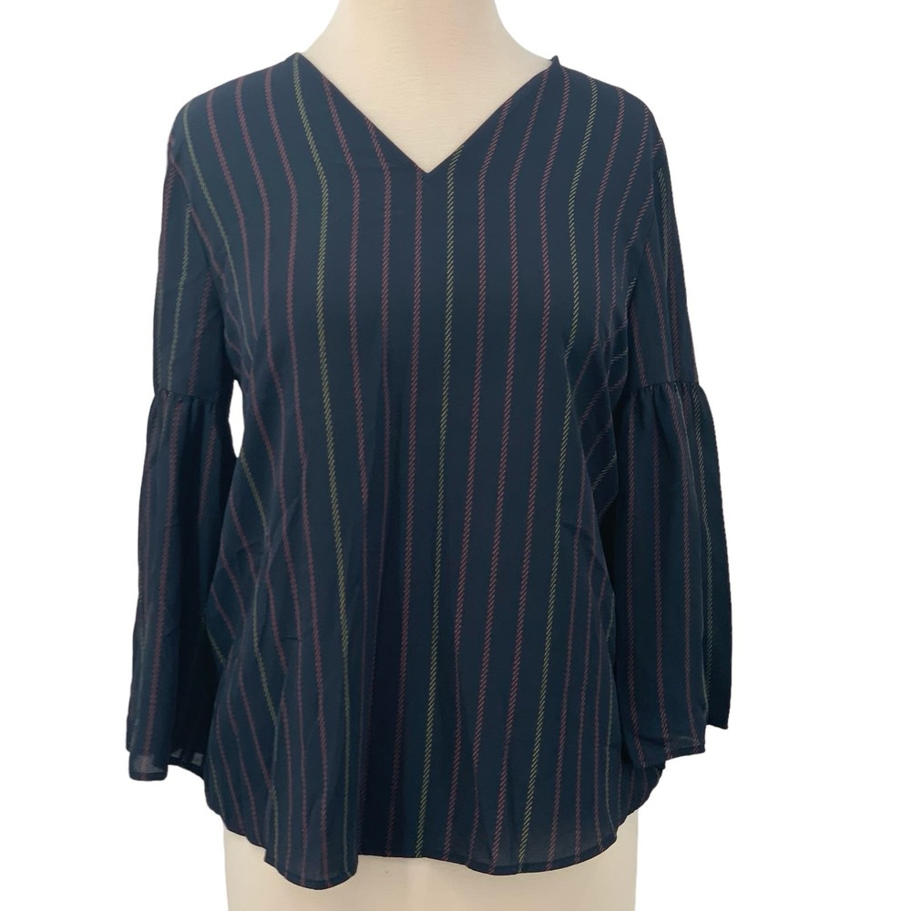 NWT Van Heusen V-Neck Pullover Blouse 3/4 Bell Sleeve Navy Vertical Striped XS